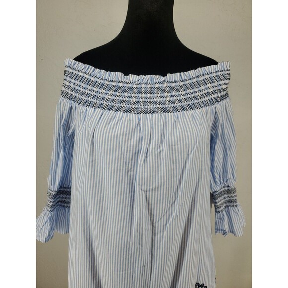 Preppy Traditional Seersucker Off the Shoulder Dress | NWT Altar'd State Small - Picture 2 of 9